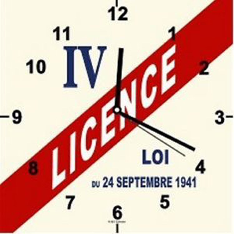 PENDULE HORLOGE MURALE DECO VINTAGE LICENCE IV loi 24 SEPT 1941